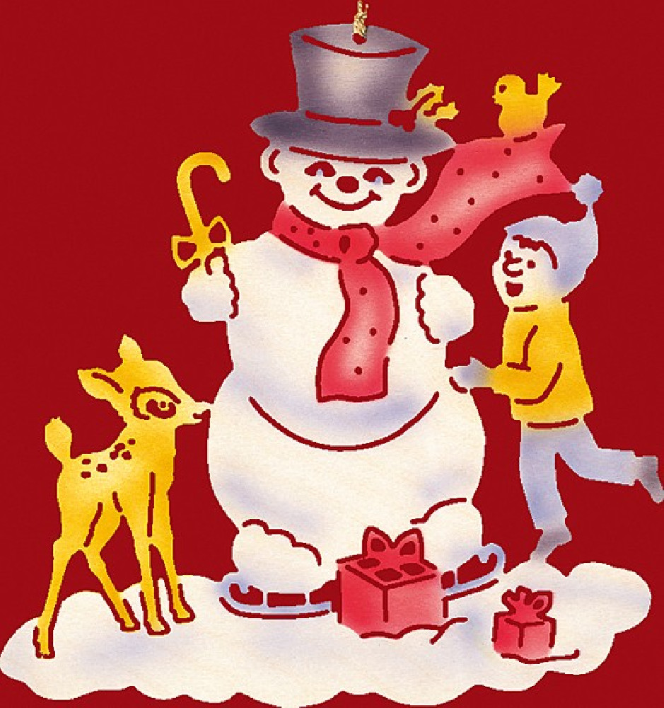 Taulin Fensterbild Weihnachten farbig Schneemann mit Kind und Kitz - klein Taulin Fensterbild Weihnachten farbig Schneemann mit Kind und Kitz - klein