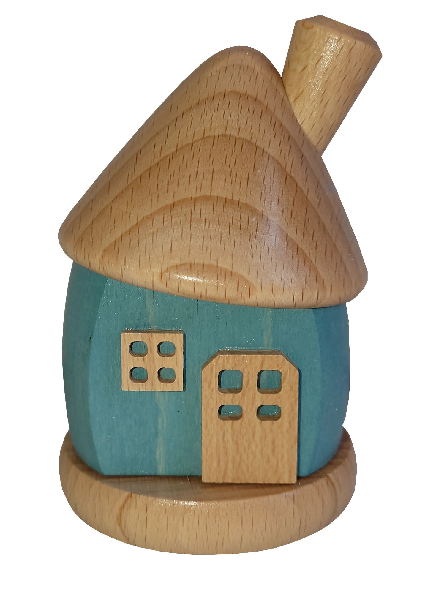 Holz-Räucherhaus, rund mit schiefem Dach - graublau/natur Holz-Räucherhaus, rund mit schiefem Dach - graublau/natur