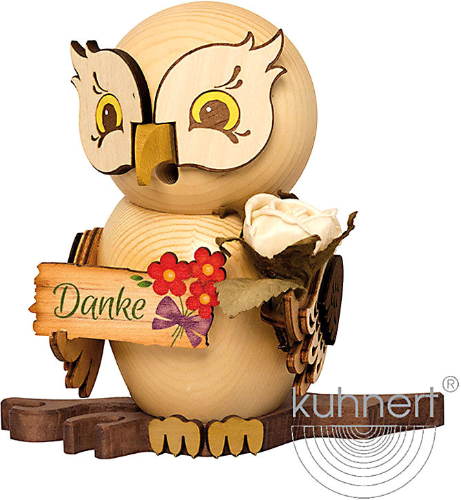 Drechslerei Kuhnert Räucherfigur Eule mit Dankeschild Drechslerei Kuhnert Räucherfigur Eule mit Dankeschild
