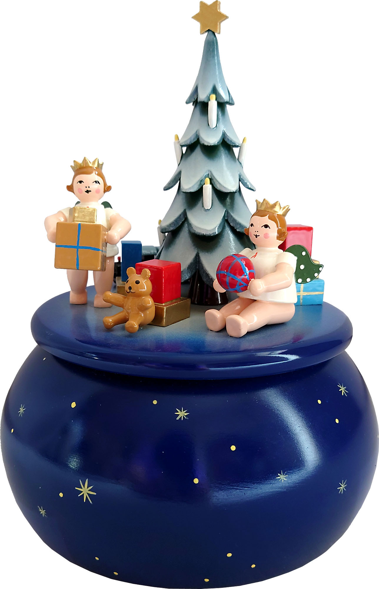 Ellmann Spieldose - Engel am Weihnachtsbaum, blau mit Sternen