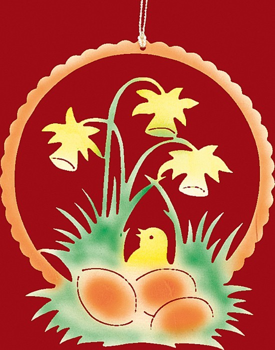 Fensterbild Ostern Kücken im Osterglockennest - farbig Fensterbild Ostern Kücken im Osterglockennest - farbig