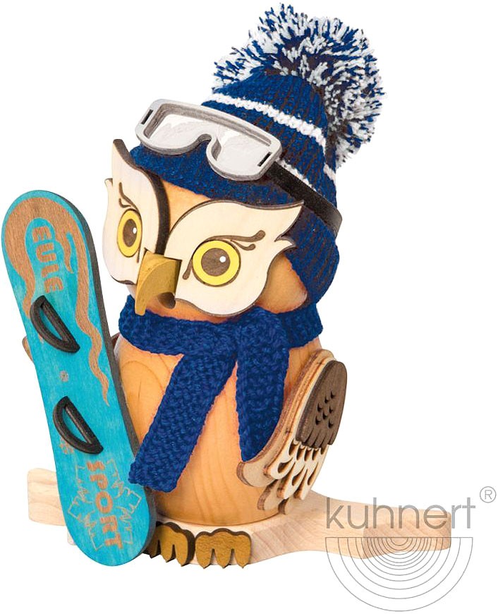 Drechslerei Kuhnert Räucherfigur Eule mit Snowboard