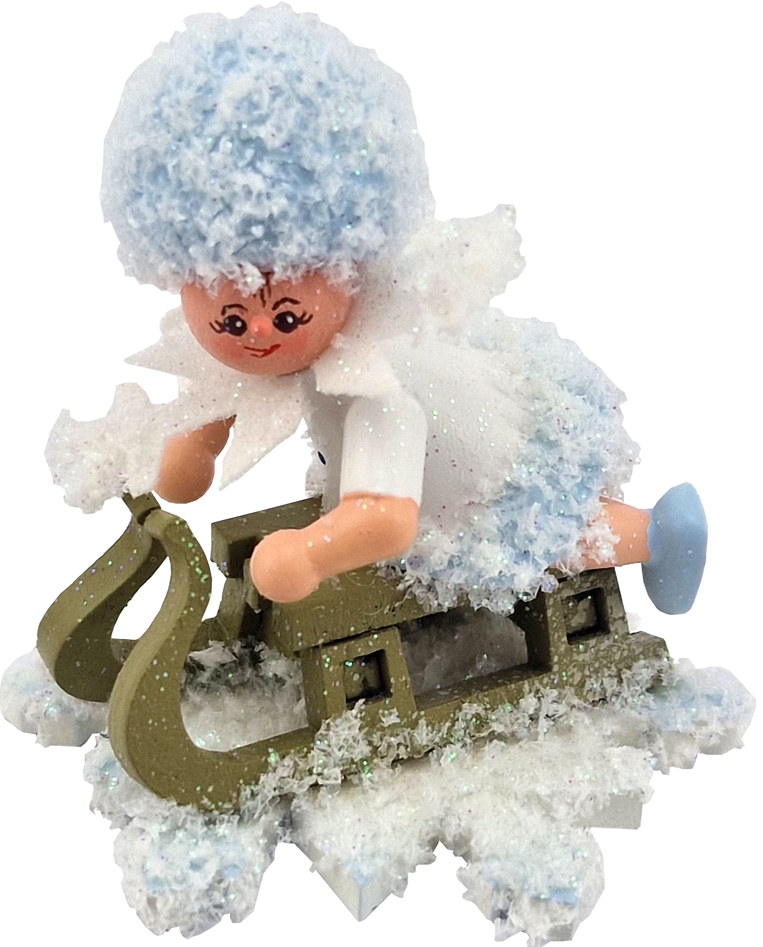 Drechslerei Kuhnert Schneeflöckchen mit Schlitten, liegend Drechslerei Kuhnert Schneeflöckchen mit Schlitten, liegend