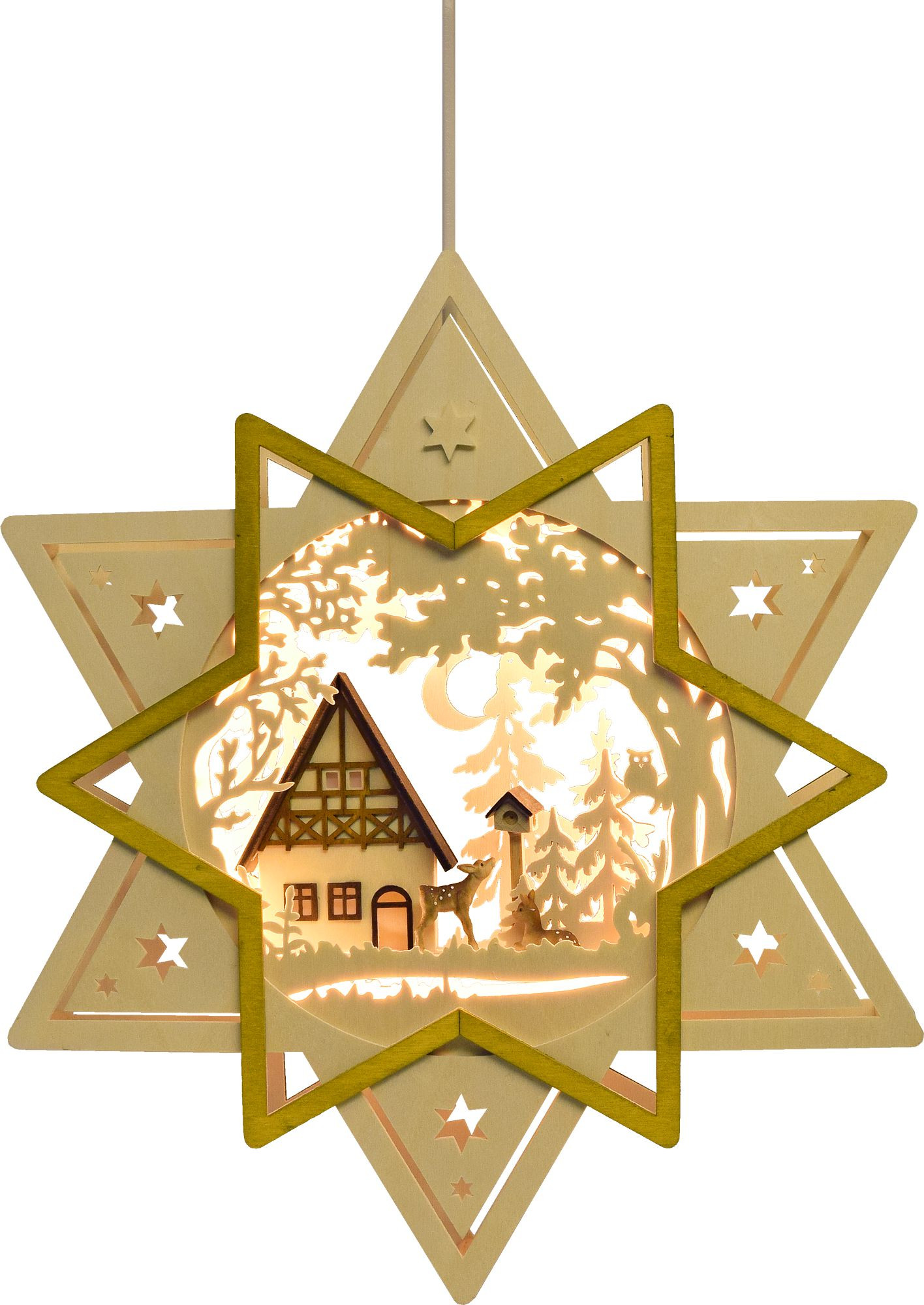 Ratags Fensterbild, beleuchtet, Stern mit Haus Ratags Fensterbild, beleuchtet, Stern mit Haus