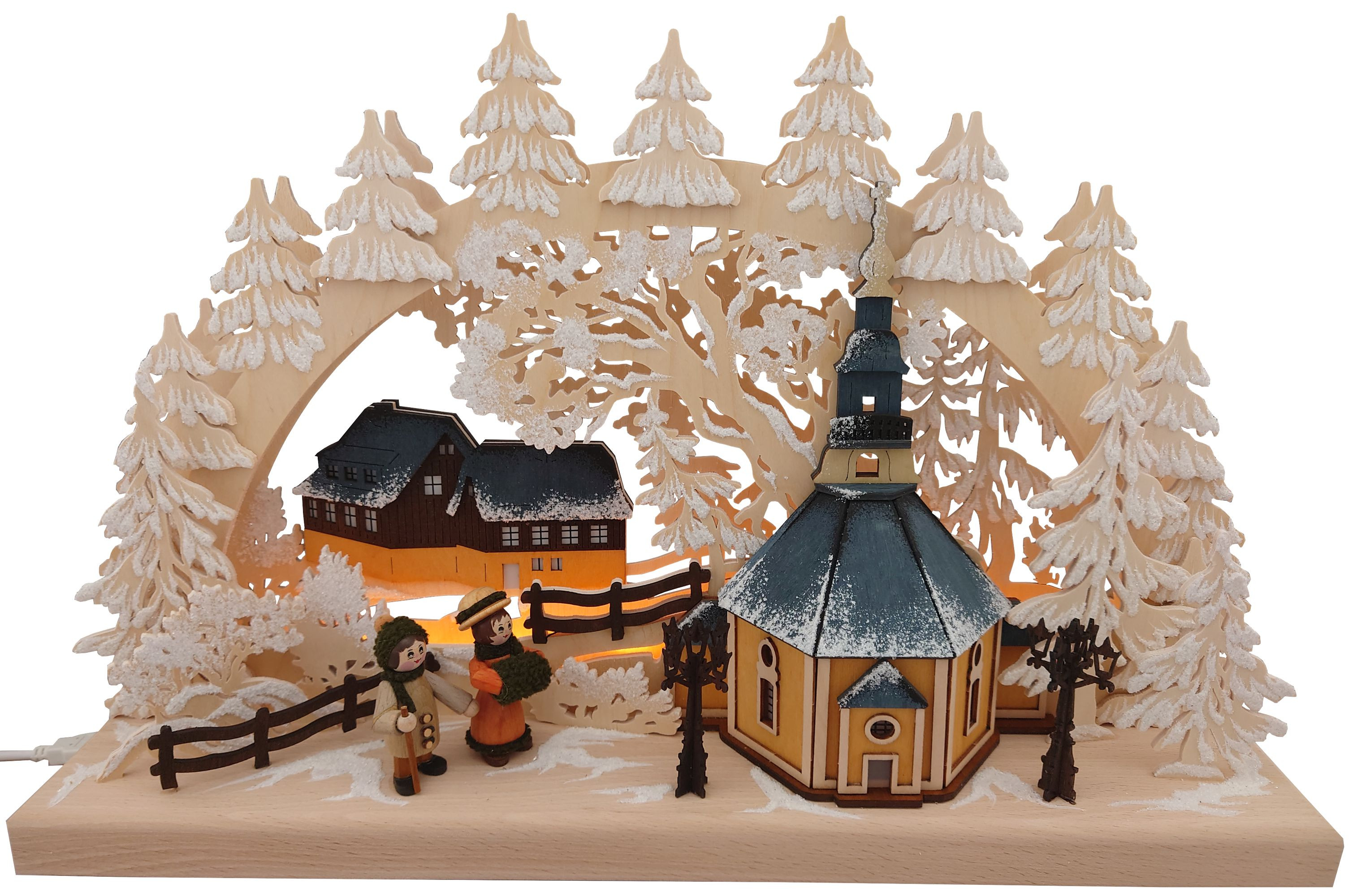 3D LED-Schwibbogen - klein, Dorf Seiffen mit Kirche 3D LED-Schwibbogen - klein, Dorf Seiffen mit Kirche