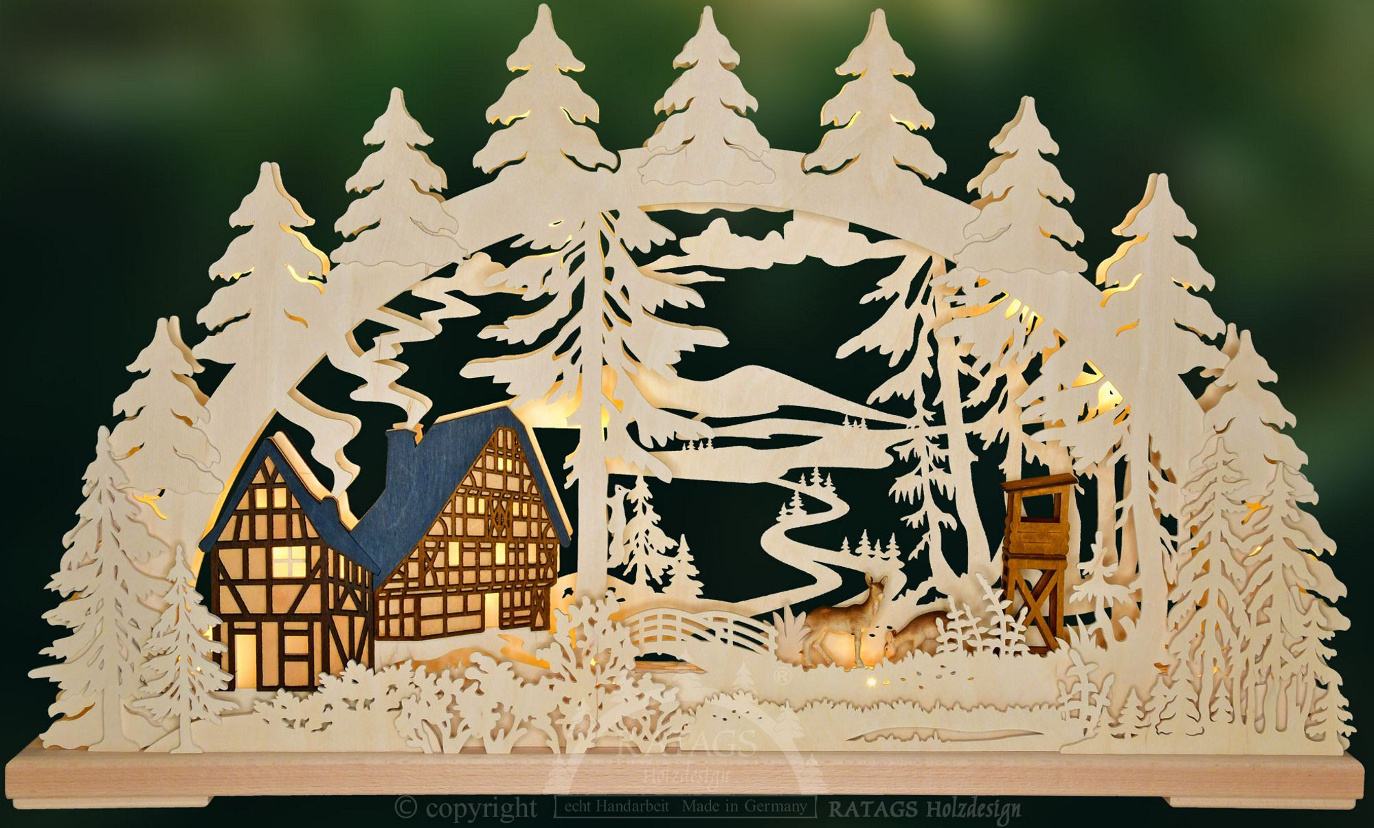 Ratags 3D-Schwibbogen, groß - Waldesruh, 2 Fachwerkhäuser, Hochsitz, 2 Rehe Ratags 3D-Schwibbogen, groß - Waldesruh, 2 Fachwerkhäuser, Hochsitz, 2 Rehe