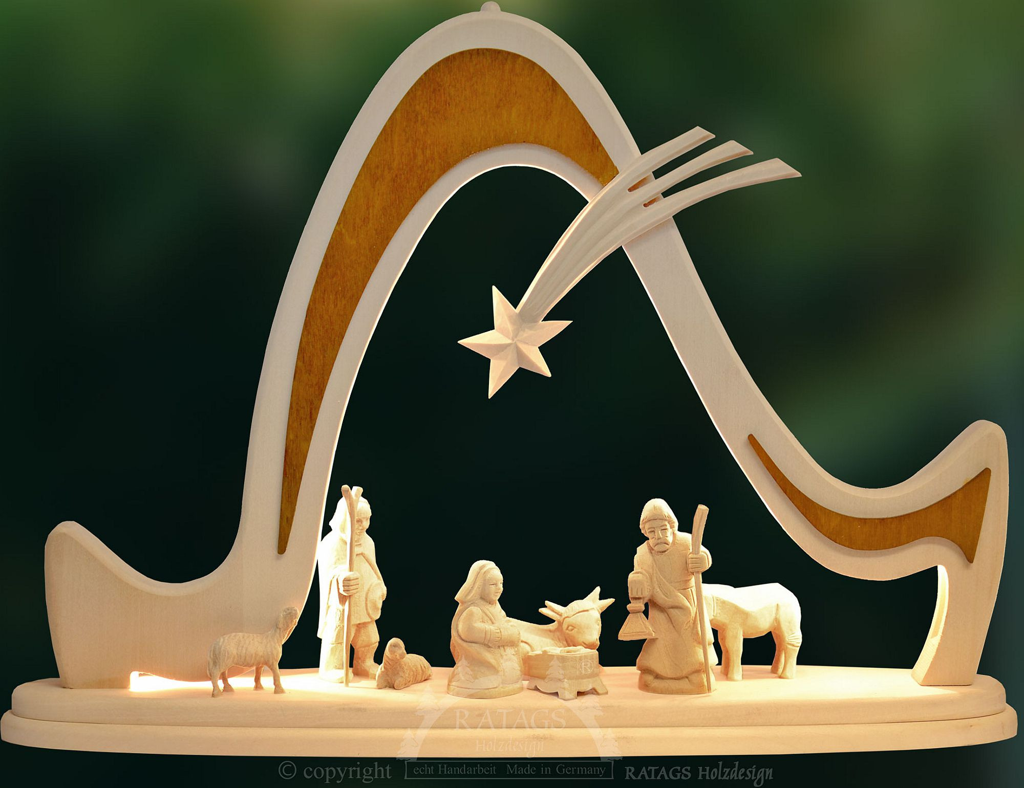 Ratags Schwibbogen Christi Geburt, geschnitzte Figuren Ratags Schwibbogen Christi Geburt, geschnitzte Figuren