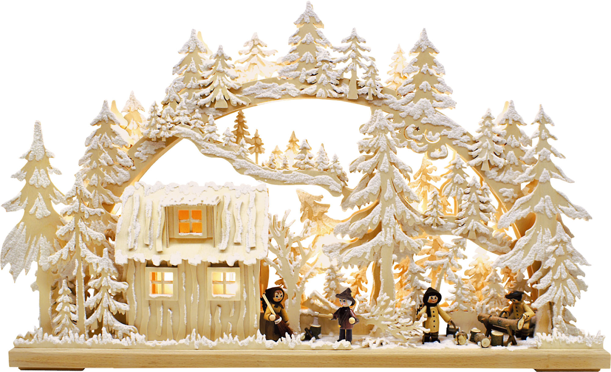 Ratags 3D-Schwibbogen Blockhütte, mit Waldarbeitern, groß, Raureif Ratags 3D-Schwibbogen Blockhütte, mit Waldarbeitern, groß, Raureif