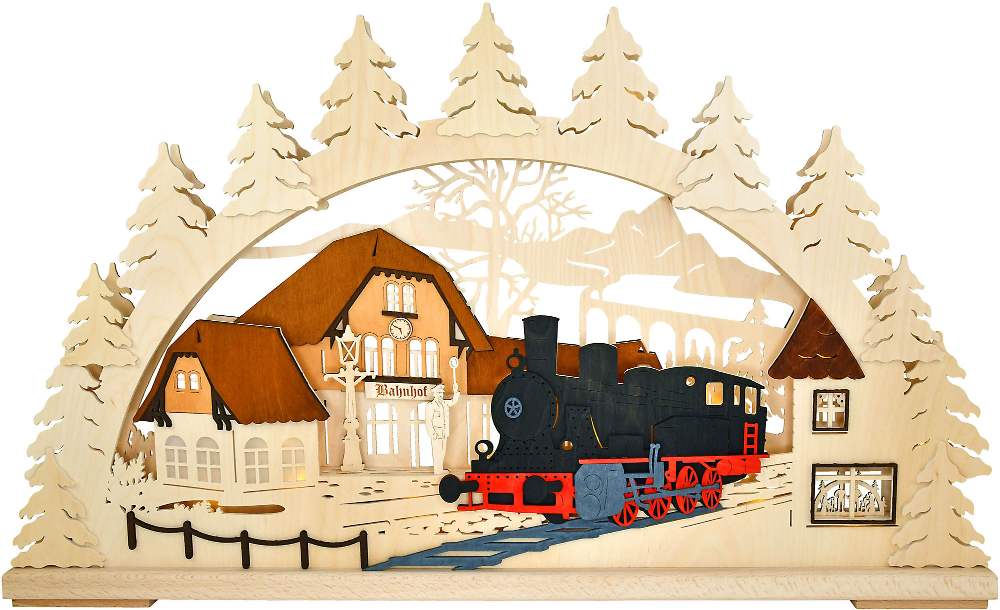 Ratags 3D Schwibbogen Bahnhof mit Dampflok, groß Ratags 3D Schwibbogen Bahnhof mit Dampflok, groß