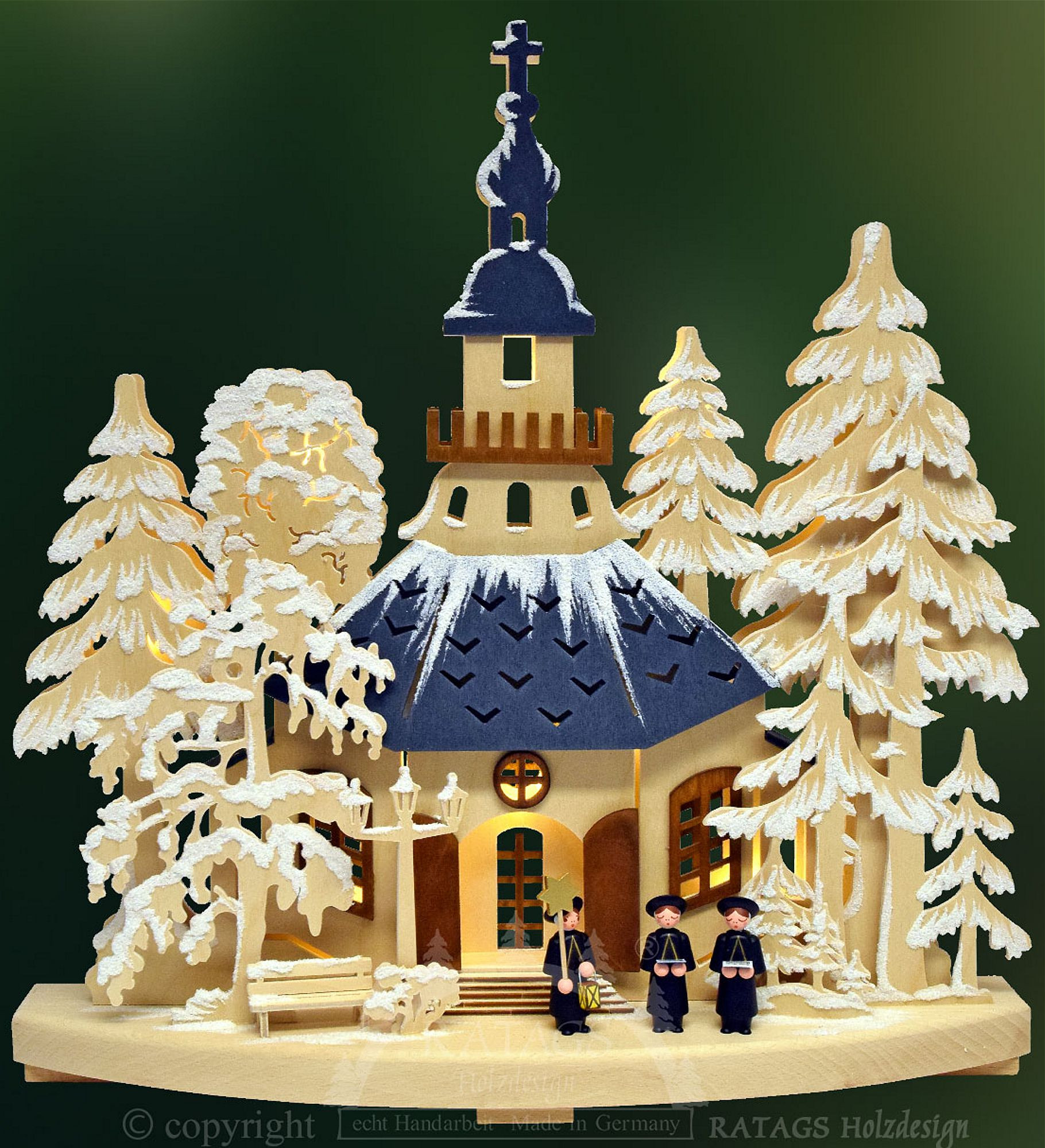 Ratags 3D-Schwibbogen Kirchgang in Seiffen, farbige Dächer, klein - mit Raureif Ratags 3D-Schwibbogen Kirchgang in Seiffen, farbige Dächer, klein - mit Raureif
