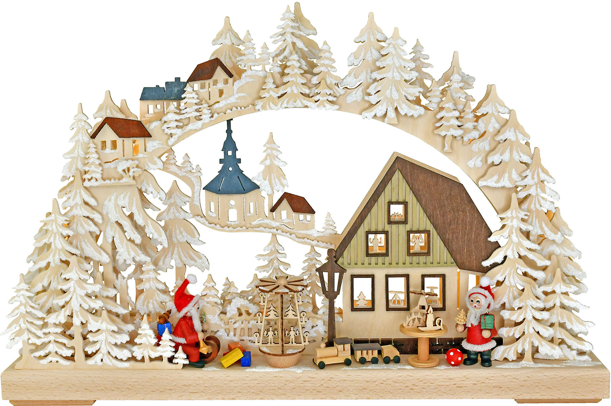Ratags 3D Schwibbogen Weihnachtsmannwerkstatt, rote Figuren, klein, Raureif Ratags 3D Schwibbogen Weihnachtsmannwerkstatt, rote Figuren, klein, Raureif