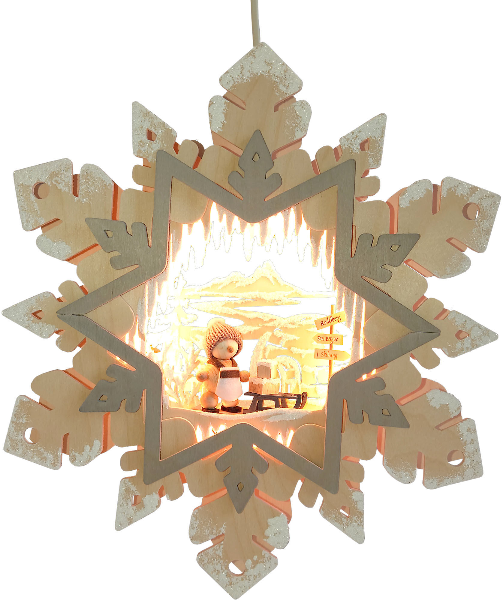 RATAGS Holzdesign Beleuchtetes Fensterbild Schneeflocke, Snowmolly und Schlitten, Raureif RATAGS Holzdesign Beleuchtetes Fensterbild Schneeflocke, Snowmolly und Schlitten, Raureif