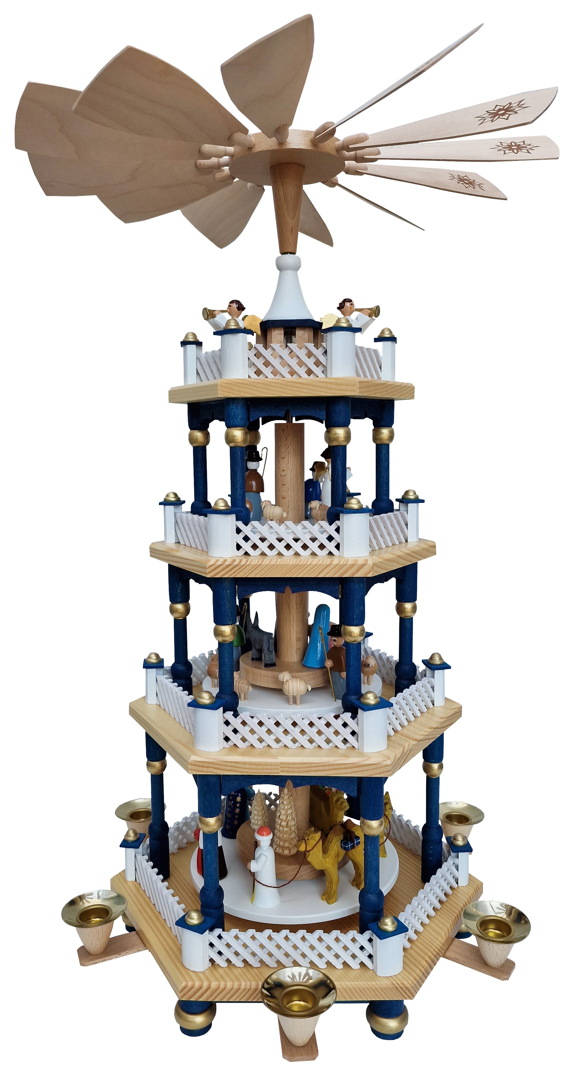 Richard Gläser Weihnachtspyramide Christi Geburt, 3-stöckig, blau