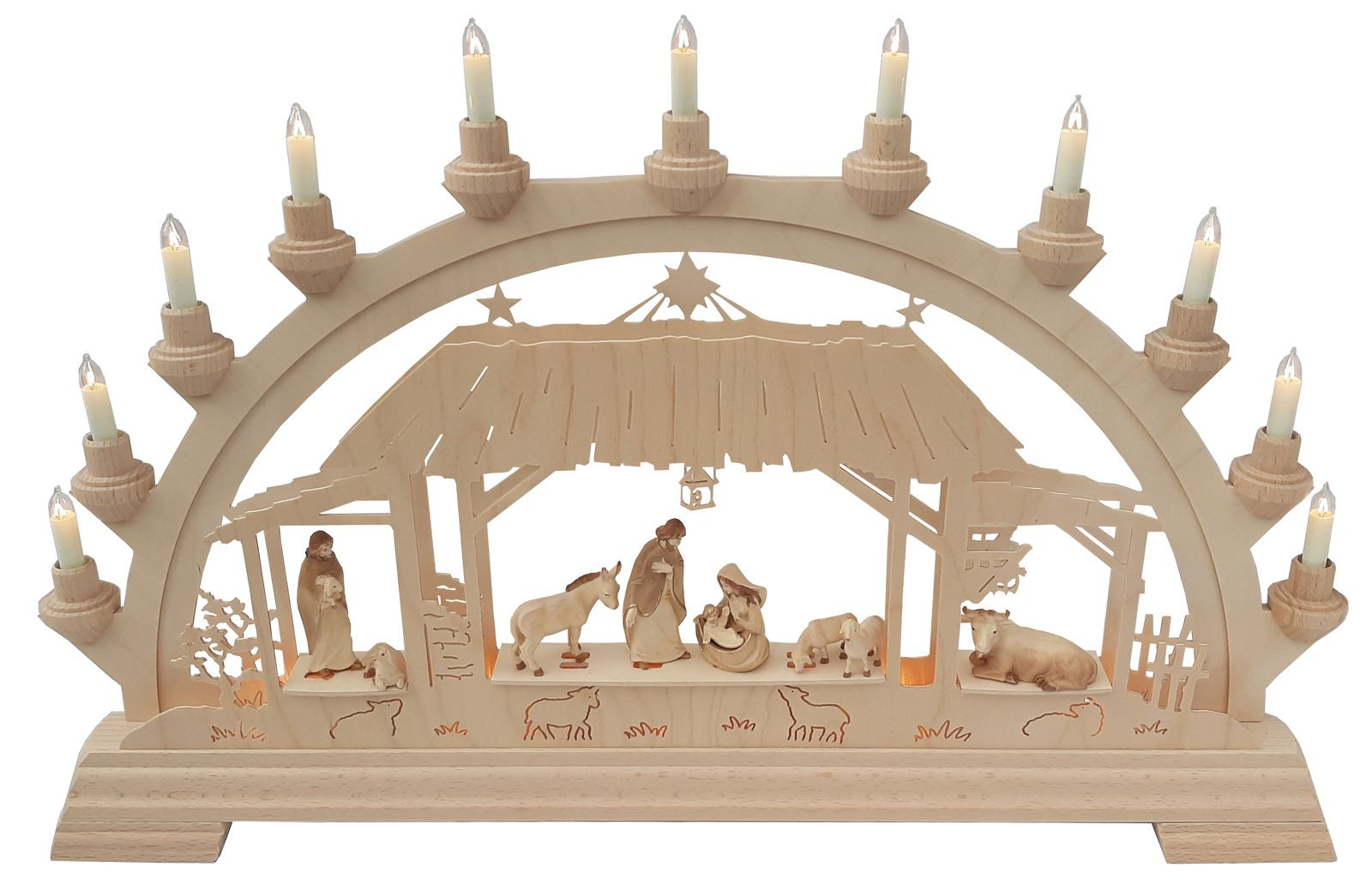 Taulin Schwibbogen Christgeburt im Stall mit Figuren gebeizt Taulin Schwibbogen Christgeburt im Stall mit Figuren gebeizt
