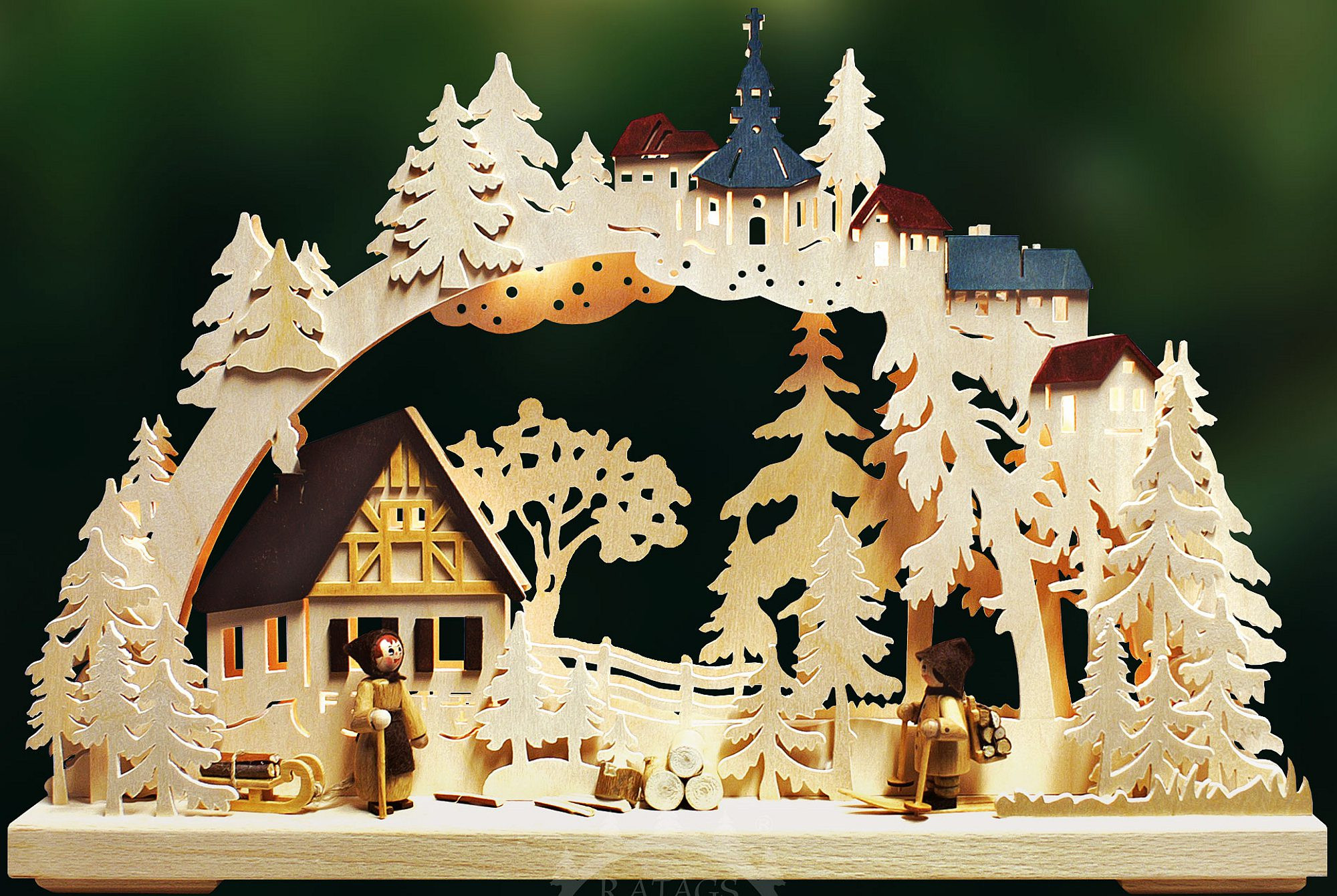 Ratags 3D-Schwibbogen Holzsammler, farbige Dächer, klein Ratags 3D-Schwibbogen Holzsammler, farbige Dächer, klein