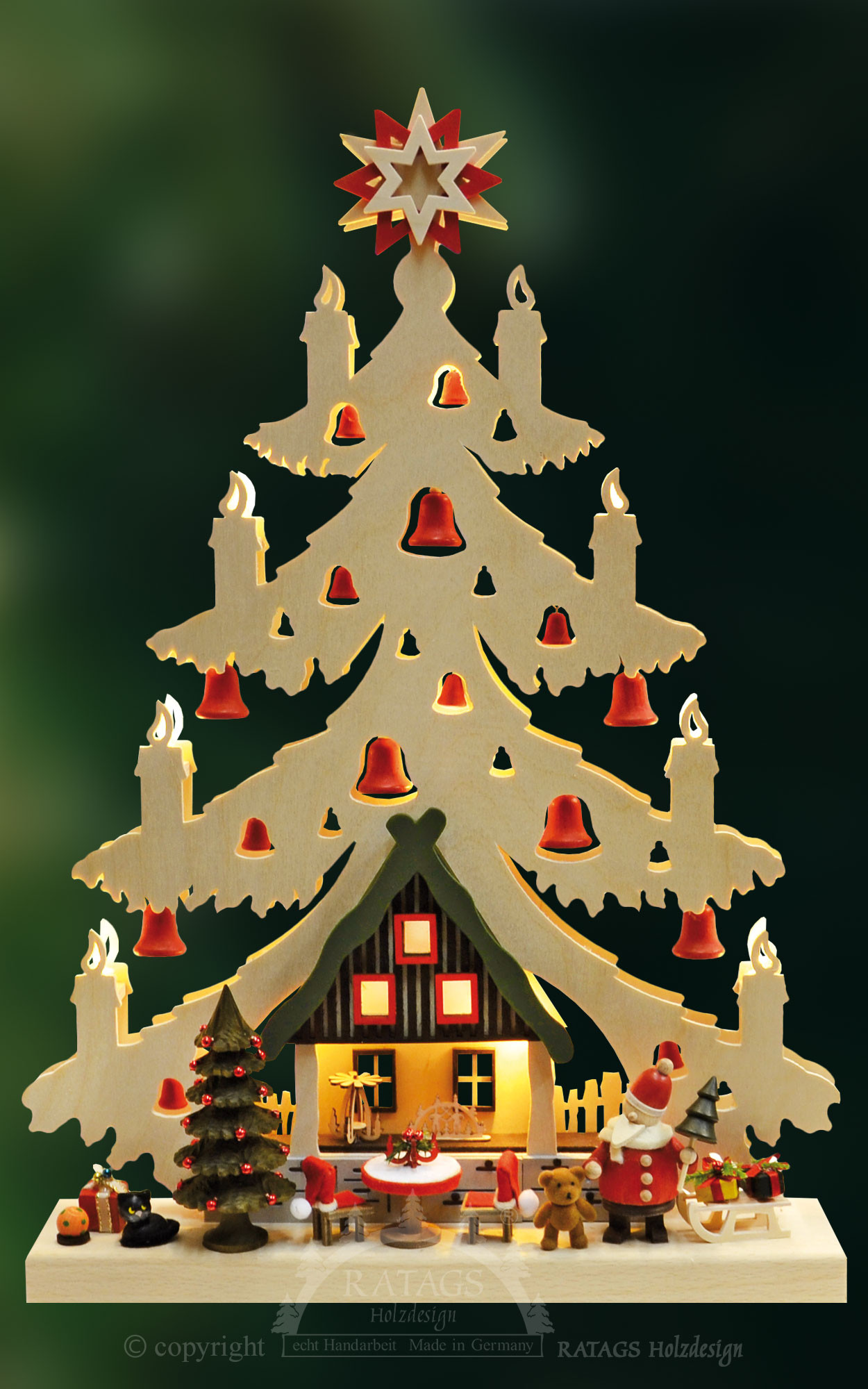 Ratags 3D Schwibbogen Tanne Weihnachtsabend, rote Glöckchen, klein Ratags 3D Schwibbogen Tanne Weihnachtsabend, rote Glöckchen, klein