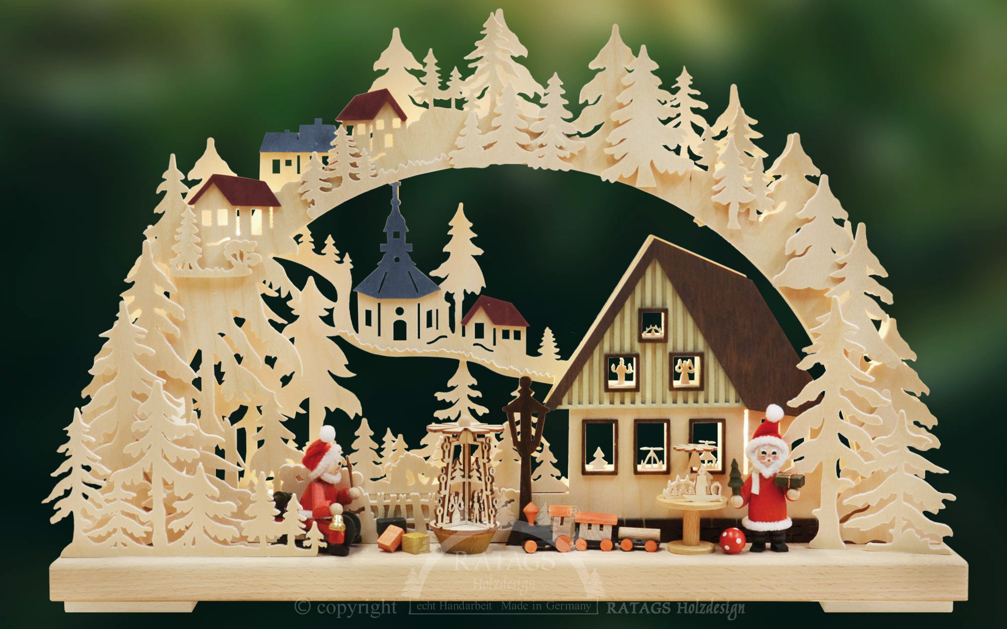 Ratags 3D Schwibbogen Weihnachtsmannwerkstatt, rote Figuren, klein