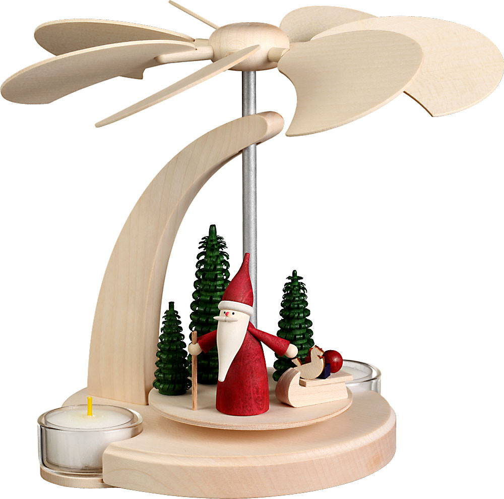 Seiffener Volkskunst Bogenpyramide klein, Weihnachtswichtel mit Schlitten Seiffener Volkskunst Bogenpyramide klein, Weihnachtswichtel mit Schlitten