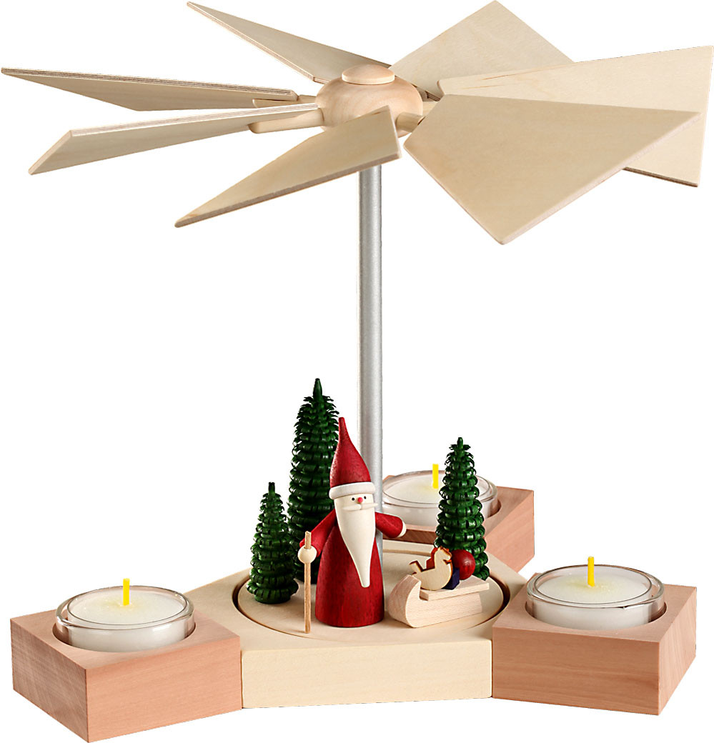 Seiffener Volkskunst Pyramide Hexagonum, Weihnachtswichtel mit Schlitten Seiffener Volkskunst Pyramide Hexagonum, Weihnachtswichtel mit Schlitten