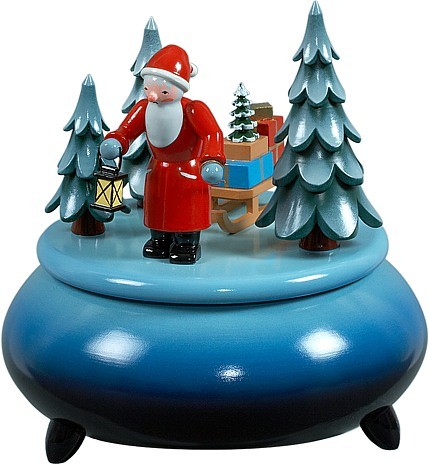 Ellmann Spieldose - Weihnachtsmann mit Schlitten / blau-weiß