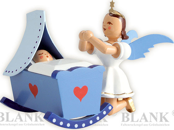Blank Kurzrockengel mit Wiege und Engel, kniend - farbig Blank Kurzrockengel mit Wiege und Engel, kniend - farbig