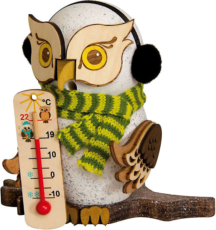Drechslerei Kuhnert Räucherfigur Schnee-Eule mit Thermometer Drechslerei Kuhnert Räucherfigur Schnee-Eule mit Thermometer
