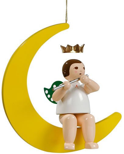 Ellmann großer Engel auf Mond mit Querflöte - hängend, mit Krone Ellmann großer Engel auf Mond mit Querflöte - hängend, mit Krone