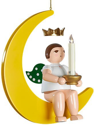 Ellmann großer Engel auf Mond mit Tülle für Kerze oder Lumix-LED - hängend, mit Krone Ellmann großer Engel auf Mond mit Tülle für Kerze oder Lumix-LED - hängend, mit Krone