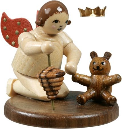 Ellmann Engel kniend mit Teddy und Kreisel / natur mit-Krone Ellmann Engel kniend mit Teddy und Kreisel / natur mit-Krone