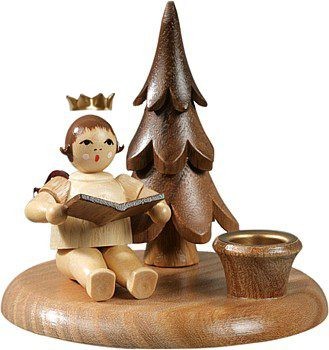 Ellmann Kerzenhalter mit Bäumchen - Engelmusikant sitzend oK / natur mit-Krone Ellmann Kerzenhalter mit Bäumchen - Engelmusikant sitzend oK / natur mit-Krone