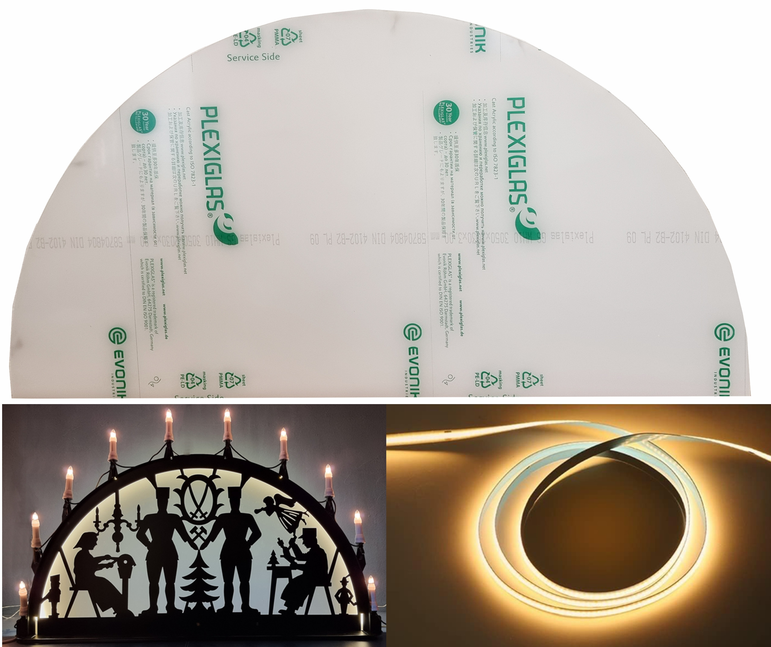 Hinterlegung aus Plexiglas mit LED Beleuchtung für Außenschwibbogen 1,5m Hinterlegung aus Plexiglas mit LED Beleuchtung für Außenschwibbogen 1,5m