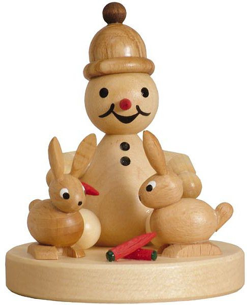 Drechslerei Volkmar Wagner Schneemann Junior mit Hasen - sitzend Drechslerei Volkmar Wagner Schneemann Junior mit Hasen - sitzend