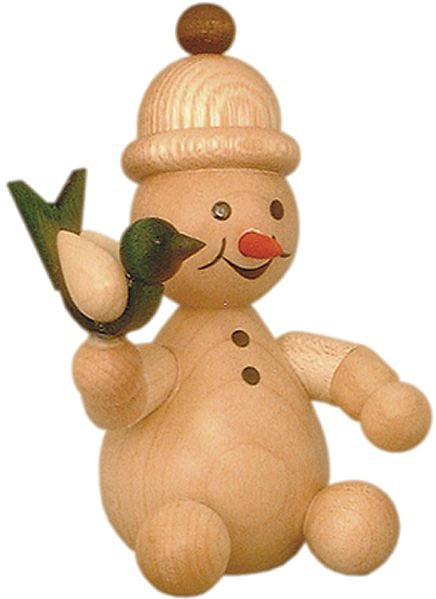 Drechslerei Volkmar Wagner Schneemann Junior mit Vogel sitzend Drechslerei Volkmar Wagner Schneemann Junior mit Vogel sitzend