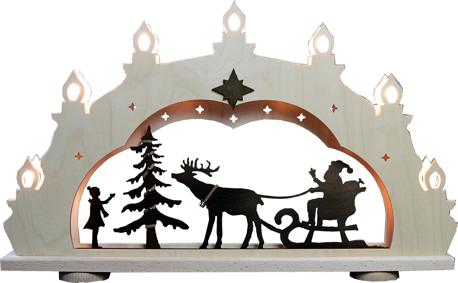 Schwibbogen Weihnachtsmann auf Schlitten, rusikal, 7 flg. Schwibbogen Weihnachtsmann auf Schlitten, rusikal, 7 flg.
