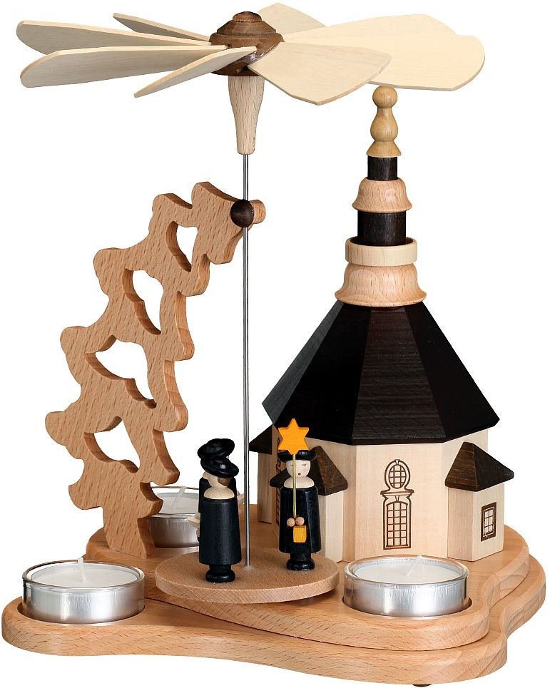 Zeidler Pyramide mit Seiffener Kirche, natur, für 3 Teelichter Zeidler Pyramide mit Seiffener Kirche, natur, für 3 Teelichter