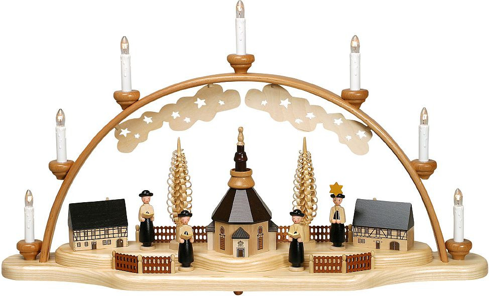 Zeidler Schwibbogen mit Seiffener Kirche u. großer Kurrende, elek. bel., 7 Kerzen Zeidler Schwibbogen mit Seiffener Kirche u. großer Kurrende, elek. bel., 7 Kerzen
