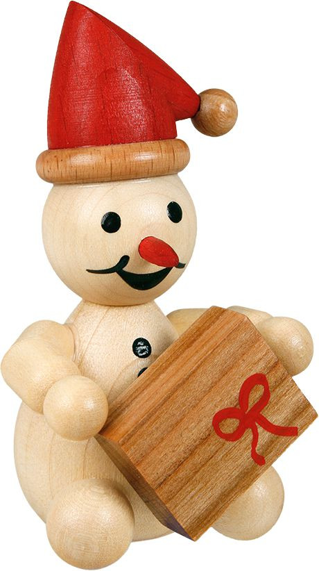 Drechslerei Volkmar Wagner Schneemann Junior als Weihnachtswichtel mit Geschenk und roter Mütze Drechslerei Volkmar Wagner Schneemann Junior als Weihnachtswichtel mit Geschenk und roter Mütze