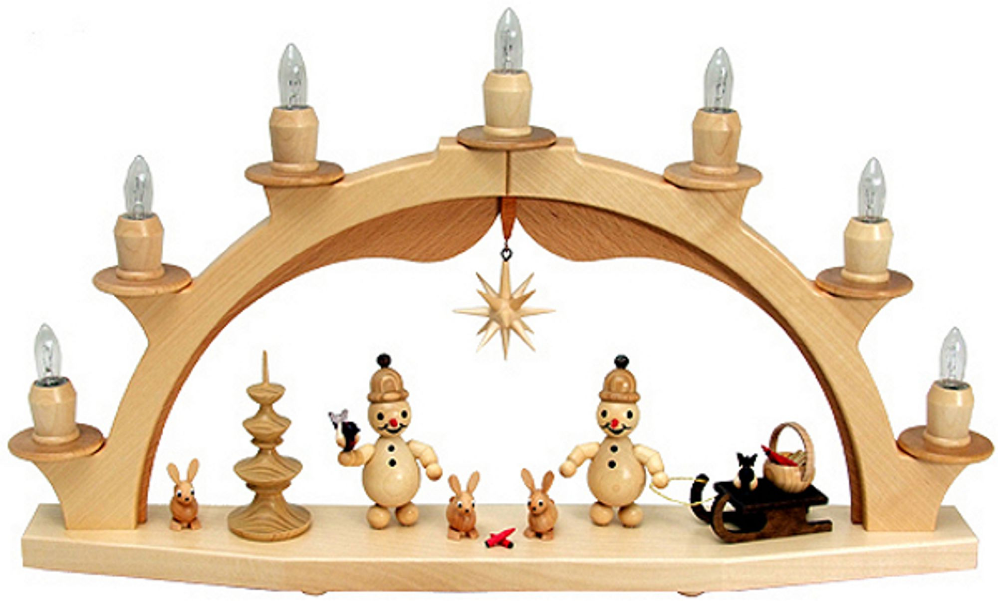 Drechslerei Volkmar Wagner Lichterbogen Junior mit Vogel, Schlitten und Korb Drechslerei Volkmar Wagner Lichterbogen Junior mit Vogel, Schlitten und Korb