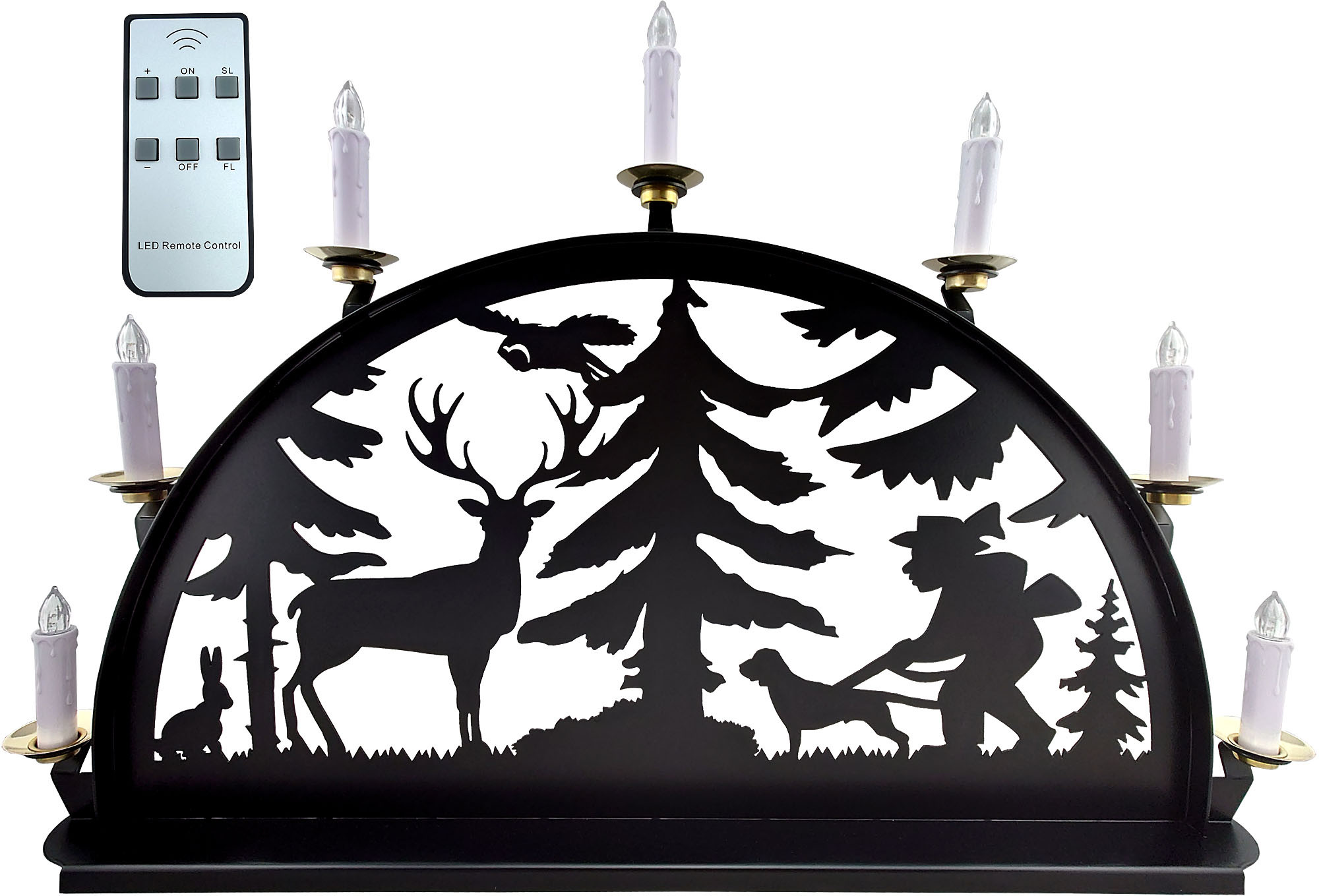 Metallschwibbogen, Motiv - Jäger und Hirsch 7 LED Kerzen Metallschwibbogen, Motiv - Jäger und Hirsch 7 LED Kerzen