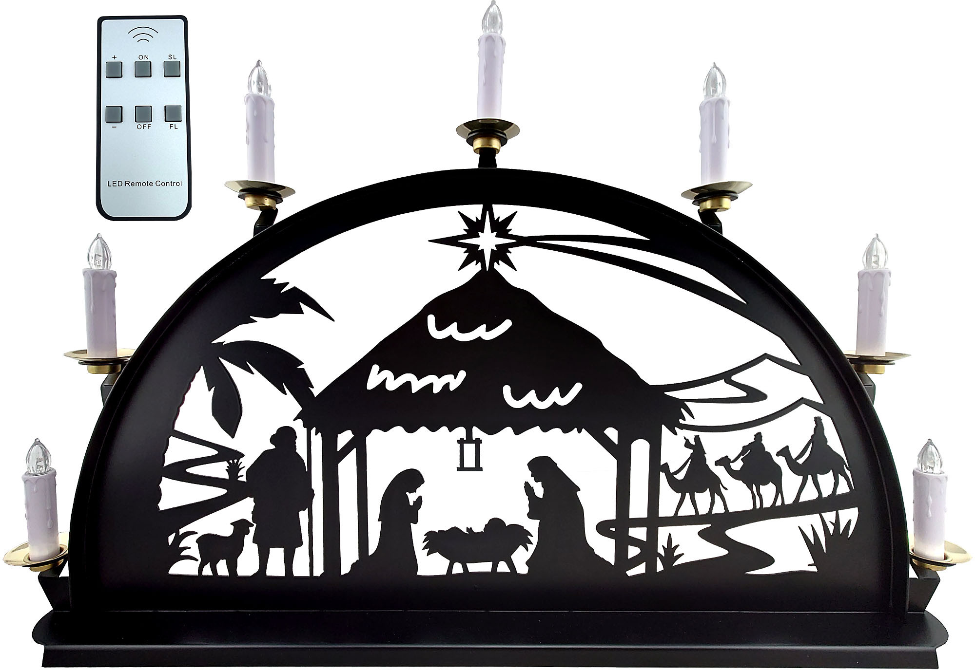 Metallschwibbogen, Motiv - Christi Geburt 7 LED Kerzen