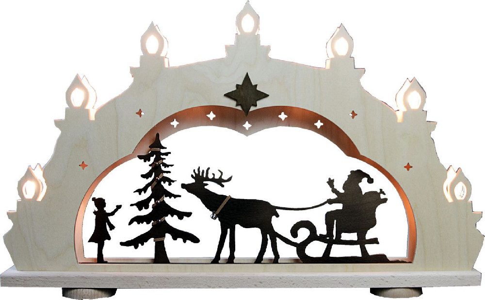 Lichterbogen Weihnachtsmann auf Schlitten, rustikal, 7 flg. Lichterbogen Weihnachtsmann auf Schlitten, rustikal, 7 flg.