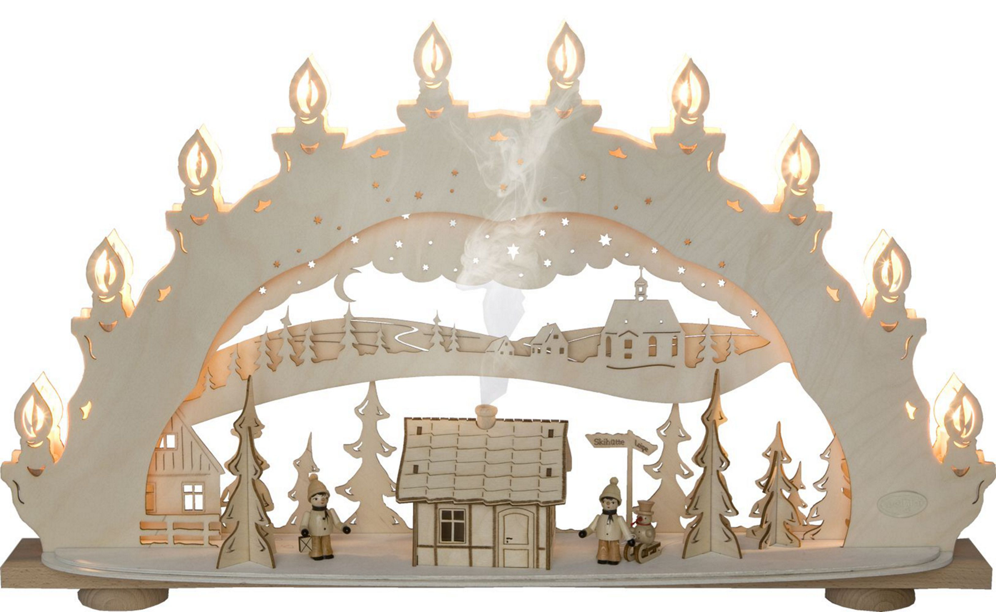 LED Schwibbogen Winterzauberland, mit Räucherhaus, 10 flg. LED Schwibbogen Winterzauberland, mit Räucherhaus, 10 flg.
