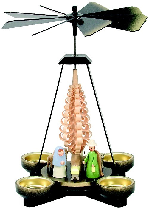 Seiffener Handwerksschau Weihnachtspyramide Geburt, schwarz, Figuren pastell Seiffener Handwerksschau Weihnachtspyramide Geburt, schwarz, Figuren pastell