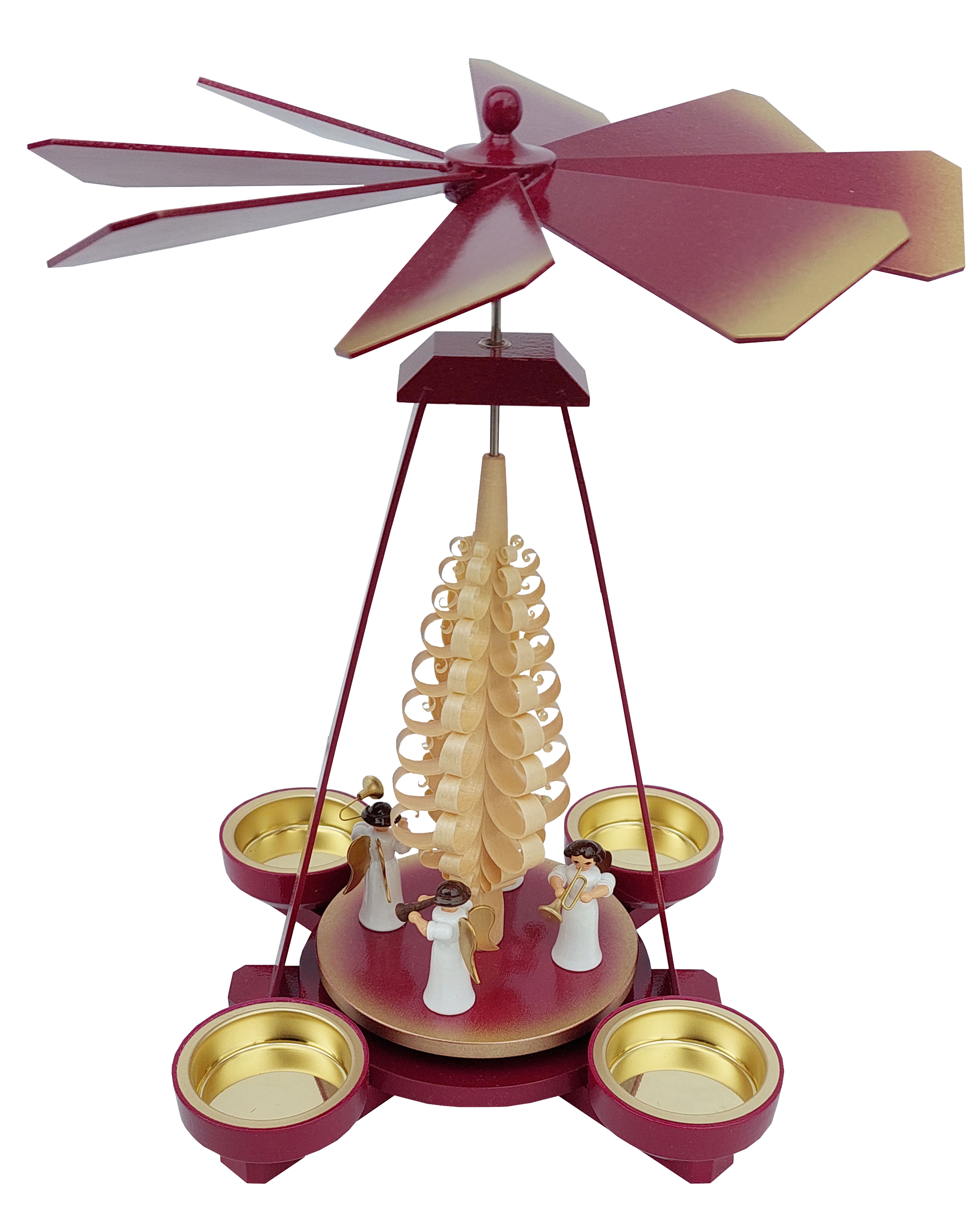 Seiffener Handwerksschau Teelichtpyramide mit Engel und Instrumenten, bordeaux