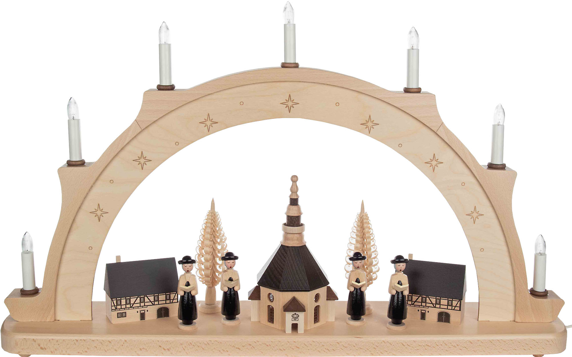 Zeidler Schwibbogen mit Seiffener Kirche und Kurrende groß, elek. bel., 7 Kerzen Zeidler Schwibbogen mit Seiffener Kirche und Kurrende groß, elek. bel., 7 Kerzen