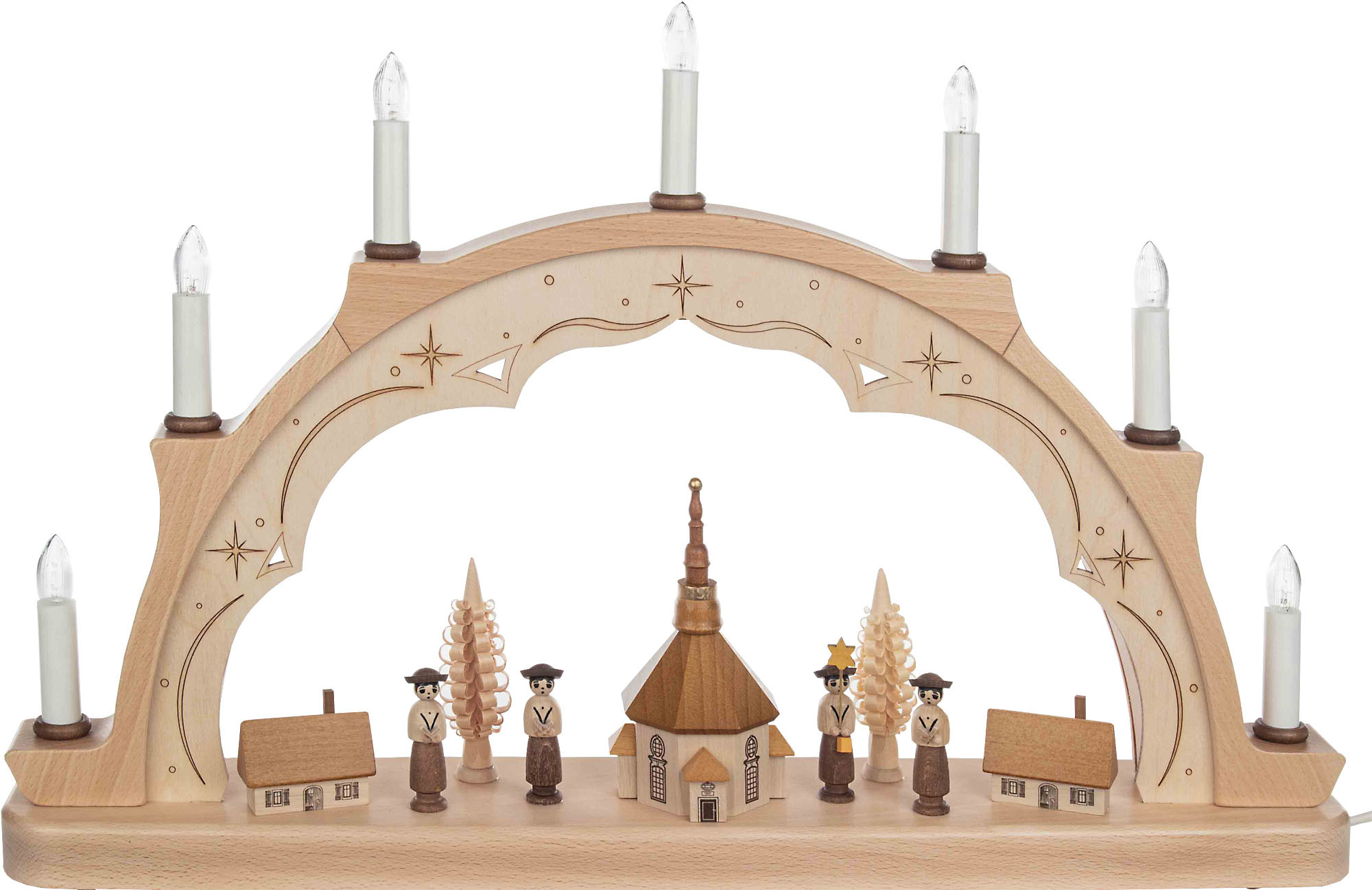 Zeidler Schwibbogen, mit Seiffener Kirche u. Kurrende klein, elek. bel., 5 Kerzen Zeidler Schwibbogen, mit Seiffener Kirche u. Kurrende klein, elek. bel., 5 Kerzen