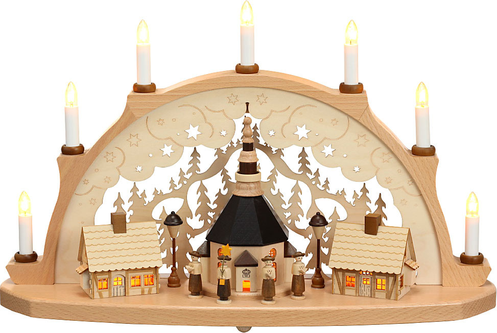 Zeidler Schwibbogen Seiffener Kirche, beleuchtet Häuser Zeidler Schwibbogen Seiffener Kirche, beleuchtet Häuser