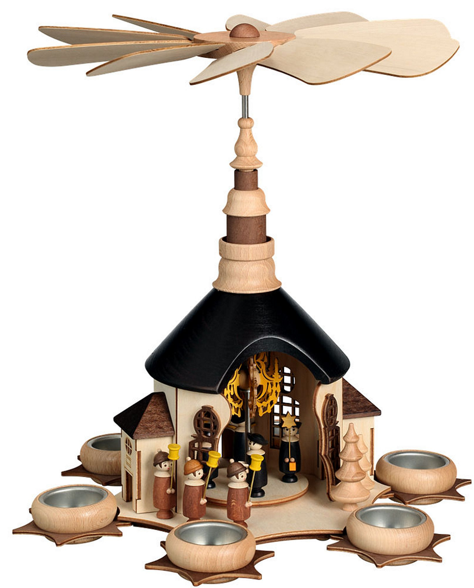 Pyramide Seiffener Kirche mit Kurrende offen, für 6 Teelichter Pyramide Seiffener Kirche mit Kurrende offen, für 6 Teelichter